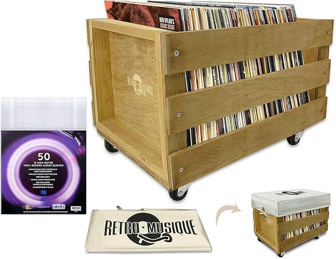 Retro musique Wooden 12” LP Vinyl Record Storage Crate on Wheels [Accessories]